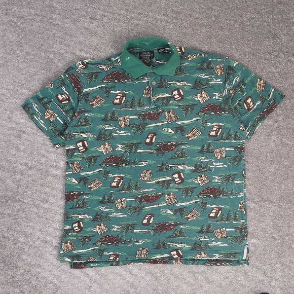 VTG Camping Outdoor All Over Print XL Green Short Sleeve Polo Collared Shirt - Picture 1 of 11